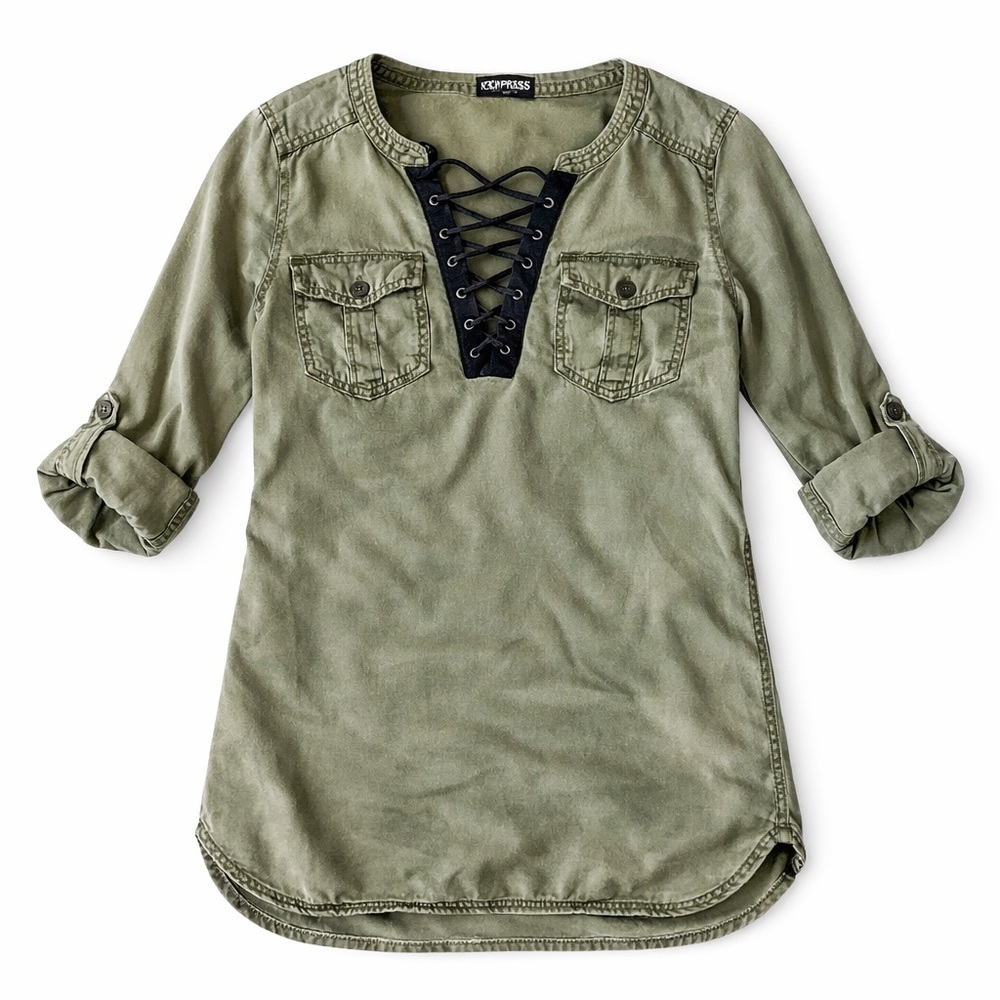 Express Olive Lace Up Tunic Dress Military Utility Top Size Medium